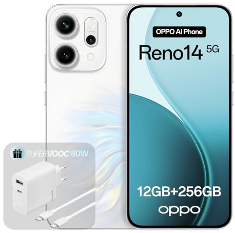 OPPO Reno14 5G 12+256GB, Smartphone Android liberado con IA, Pantalla 6,59 120Hz AMOLED, Cámara AI 50+50MP, Batería 6000mAh, Resistencia al Agua IP69, Opal White (Incluye Cargador 80W SUPERVOOC)