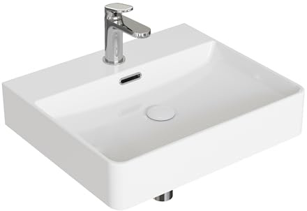 HOROW Waschbecken 50 cm Keramik, Modernes Aufsatzwaschbecken mit Hahnloch & Überlauf, Weiße Hängewaschbecken Waschtisch Bad für Badezimmer, Gäste WC & Garten, leicht zu reinigen