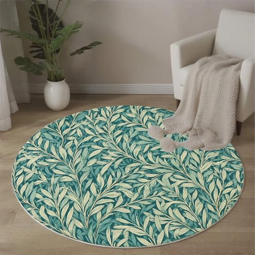 Tappeto Rotondo Foglie Salice Tappeti 80 Cm Antiscivolo Lavabile In Lavatrice Tondo Tapette Salotto Camera Da Letto Soggiorno Scendiletto Pelo Corto Rotondi Carpet, Turchese Piante Dipinte A Mano