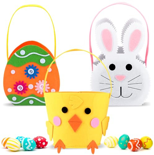 dellyy Cestini Pasquali in Feltro da Riempire, 3 Pezzi Cestini Pasquali con Manico, Cestino Pasqua Bambini, Borsa Tote Pasquale, per la Caccia alle Uova di Pasqua, Decorazione Pasquale