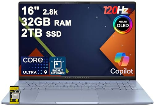 ASUS Vivobook S16 AI PC Laptop 16 2.8k OLED 120Hz (600nits HDR, 100% DCI-P3) Intel 16-core Ultra 9 285H 32GB DDR5 2TB SSD Backlit for Creator Business Professional Work Win11 ICP Hub