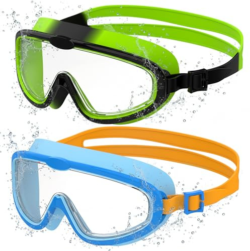 Seaflar 2 Pcs Kinder Schwimmbrille mit Großrahmen, Klare Sicht Anti-Beschlag Taucherbrille, UV-Schutz, Schnellverstellung, Silikon-Dichtring, Unisex Schwimmbrille für Kinder & Jugendliche von 3-14