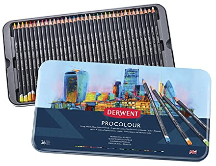 Derwent Procolour Buntstifte, Set mit 36 Stück in Metalldose, 4mm Runder Kern in Premium-Stärke, Glatte Textur, Ideal fürs Zeichnen und Malen, Profi-Qualität, 2302507