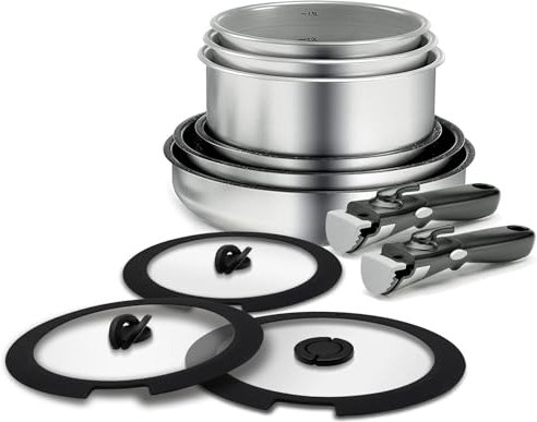 Backen 199911,Batterie de cuisine 11 pièces, Poêles, Casseroles, Poignées amovibles, Couvercles verre, Induction, Revêtement antiadhésif, Empilable, Compatible lave-vaisselle.