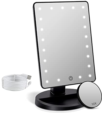 Kosmetikspiegel Beleuchteter mit 10-fachem Vergrößerungsspiegel, 21 LED-beleuchteter Spiegel mit Berührungssensor-Dimmung, einstellbare Drehung um 180 °, Duale Stromversorgung, Tragbarer Tischspiegel