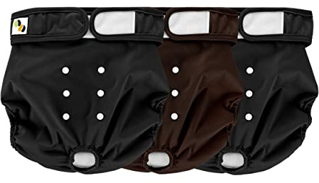 JM Female Dog Nappies - Highly Absorbent, Breathable Dog Nappy with Microfiber Pad & Waterproof Layer - Dog Period Pants Pack of 3, Washable Small (Fit for 9- 15 waist) Black & Brown