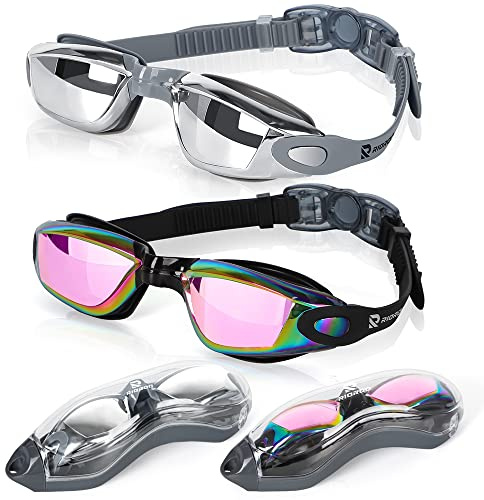 RIORIO Lunettes de Natation Adultes,Lot de 2 Lunettes Lunettes de Natation,Protection UV, Antibuée, avec des Verres Larges，Joints en Silicone Lunette Piscine pour Les Hommes, Les Femmes