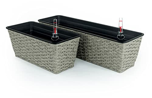 Catleza Set of 2 15.3-inch and 23.2-inch Smart Self-Watering Rectangle Hand-Woven Wicker Planter, Window Boxes, Trough Planter for Indoor and Outdoor, Gray
