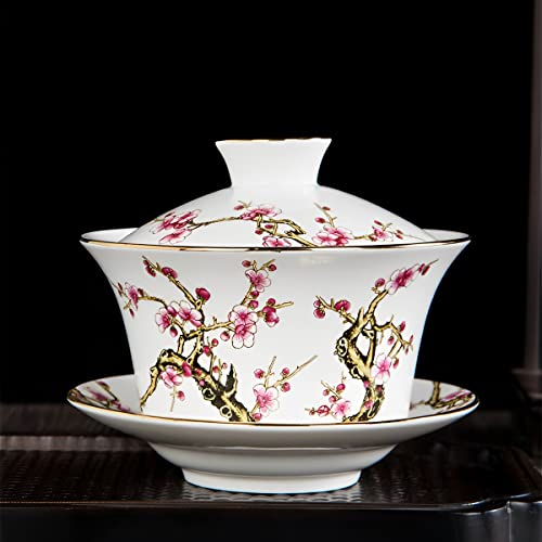 KOPYFANTAP Gaiwan 300ml, Chinesische Teetasse mit Deckel, Traditionelle Porzellan Teebecher mit Reliefmuster für Pflaume, Weiß