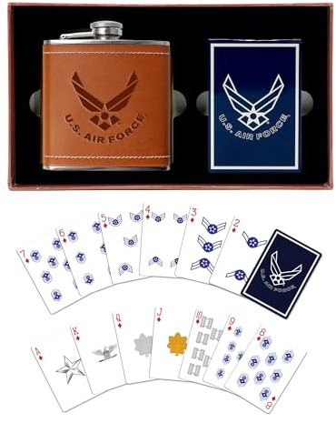 Air Force Flask & Cards Gift Set Leather-Wrapped US-Air Force Hip-Flask with Rank Playing-Cards | Disabled Vet Owned Business | USAF Flask-Card-Set