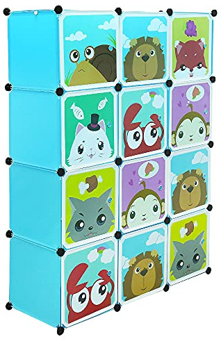 12 Cubos de Armario con Diseño de Animales Rizado, Estantería Almacenaje Modular DIY con Puertas para Ropa, Zapatos, Juguetes, Libros, Baratijas, Mueble Almacenaje, 111 x 37 x 147 cm