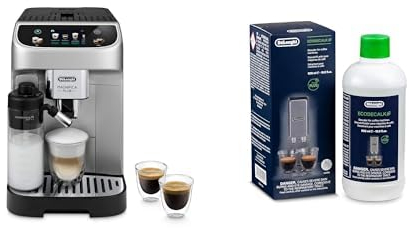 De'Longhi Magnifica Plus ECAM322.70.SB Kaffeevollautomat mit LatteCrema-Milchsystem für Automatischen Cappuccino, Touch-display, Extra Shot-Funktion, x2-Funktion, Silber/Schwarz mit DLSC 500 Entkalker