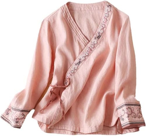 DSAoTeng Chemise traditionnelle pour femme, chemisier chinois vintage à manches longues, haut Hanfu style Tang avec broderie, vêtements d'inspiration zen pour femme, rose(w), M