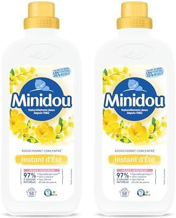Adoucissant MINIDOU Instant d'Été Bouteille 1L - 50 Lavages | Élimine les Odeurs Désagréables et Laisse un Parfum Frais Durable | Compatible avec Tous les Types de Vêtements (Lot de 2)
