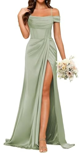 YIANN Robe de demoiselle d'honneur en satin vert sauge pour femmes, robe de sirène plissée, robe de bal à corset, robe de soirée formelle UK10