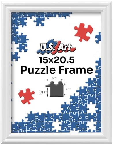 US Art White 15x20.5 Puzzle Frame .75 Inch Wide - Handmade Solid Wood Picture Frames with Preinstalled Hangers and UV Blocking Plexiglass Frames