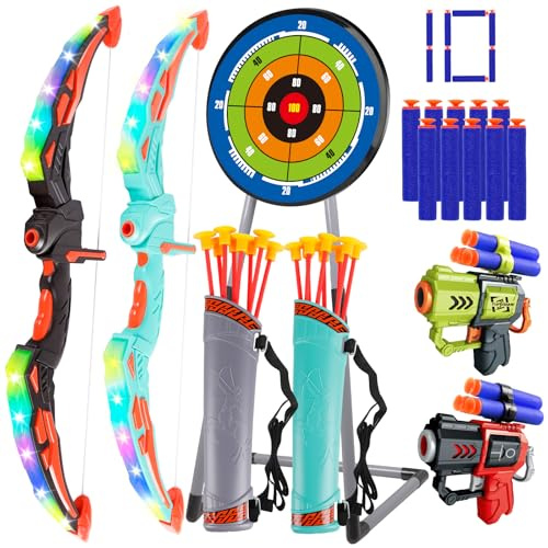 2 Pack Arco e Frecce per Bambini Set di Tiro con L'Arco con Luci LED 16 Frecce Giocattolo per Interni ed Esterni Regalo per Ragazzi e Ragazze di 4-12 Anni