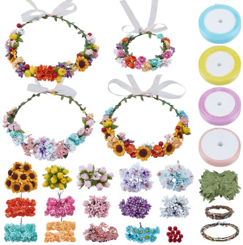INFUNLY 20 Sets DIY Künstliche Blumenkränze Bastelset Aus Papierrosen Blau Pink Brautkrone Türdekoration Selbstgemachte Blumenarmbänder und Haarbänder für Frauen