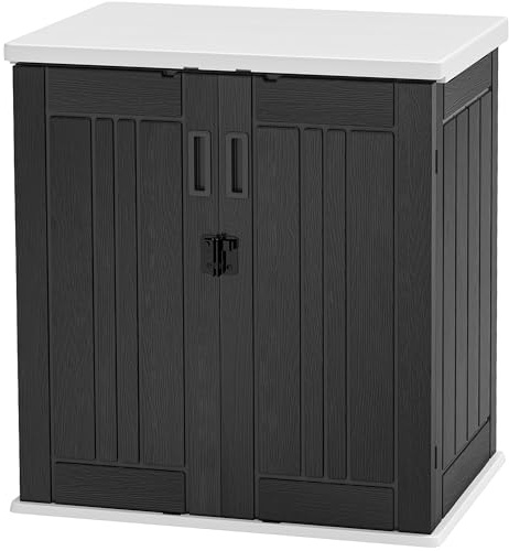 DWVO Outdoor Storage Cabinet with 2 Shelves, Waterproof Horizontal Plastic Storage Shed with Lockable Door, 15 cu. ft. Patio Tools Storage Box for Patio, Garden, Backyard, Deck, Dark Gray
