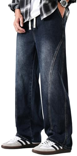 PADOLA Jeans Uomo Gamba Dritta con Vita Elasticizzata e Cordino Pantaloni Denim Lavaggio Usato con Tasche Laterali e Posteriori(XXL,Grigio Blu)