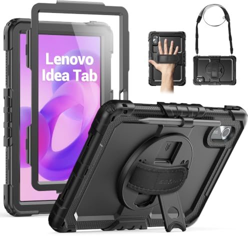 SEYMAC Funda para Lenovo Idea Tab 11 Pulgadas 2025/Tab M11/Xiaoxin Pad/Tab K11 Gen 2, para Lenovo a Prueba de Golpes con Protector de Pantalla, Soporte Giratorio de 360°, Correa para el Hombro, Negro
