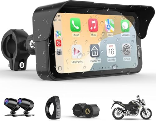 Carpuride Pantalla GPS de motocicleta CarPlay de 6.3 pulgadas sin cables CarPlay y Android Auto para Moto, con cámara doble y TPMS, control remoto, impermeable IP67, BT Audio, grabación en bucle