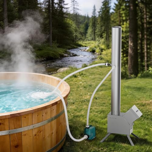 ECOPOOLTECH Chauffage de Piscine au Bois, Chauffe-Eau Extérieur pour Petites Piscines, Baignoires et Spas Jusqu’à 2 800 L, avec Serpentin en Titane, Pompe et Tuyaux