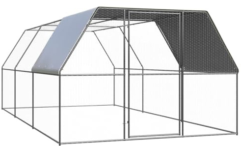 Gecheer Galvanized Steel Chicken Run, 3x6x2 m Outdoor Aviary with Water-Resistant PE Roof, Lockable Door for Chickens, Ducks, and Small Animals, Silver Grey 3089325