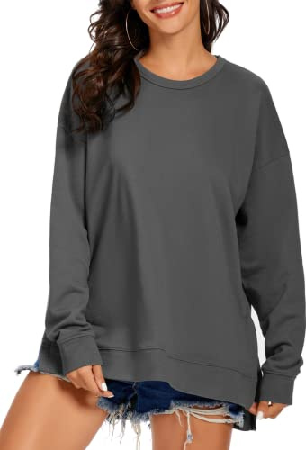 APEIYU Women's Long Sleeve Tops Side Split Round Neck Loose Casual Knit Pullover Sweatshirts For Ladies Blouse Grey L