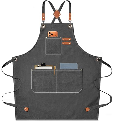 AFUN Chef Aprons for Men Women with Oversized Pockets, 16-Ounce Cotton Canvas Cross Back Heavy Duty Work Apron (Grey)