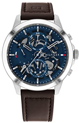 Tommy Hilfiger Montre Analogique Multifunction à Quartz pour Homme avec Bracelet en Cuir Marron Foncé - 1710476