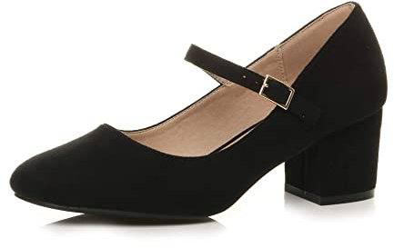 AJVANI Womens Ladies mid Block Heel Strap Work Evening Party Mary Jane Court Shoes Size 4 37 Black Suede