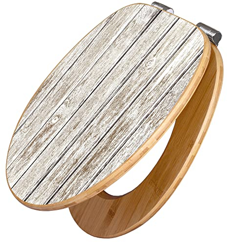 banjado Design WC Sitz Bambus Absenkautomatik 45,8x37,5cm / Toilettendeckel mit Absenkautomatik Holz/hochwertiger Bambus Klodeckel/WC-Sitz für gängigen Toiletten/Motiv Weißes Holz