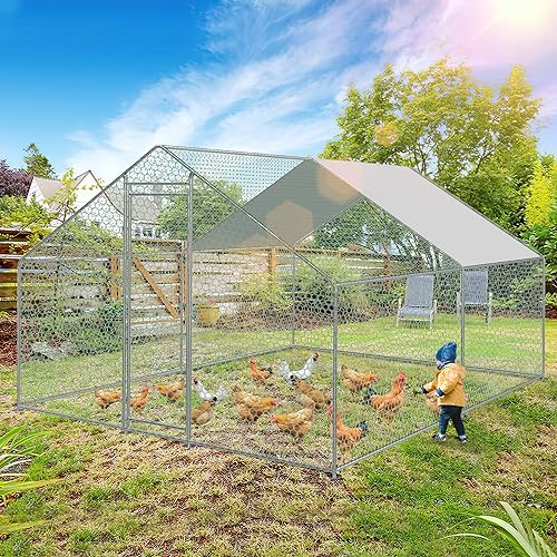 Ikodm Freilaufgehege Hühnerstall 3 x 4 x 2m mit Schloss,PVC-beschichtetes Schatten Dach,Verzinkter Stahlrahmen,für Hühnerkäfig Geflügelstall Vogelkäfig Kleintiere