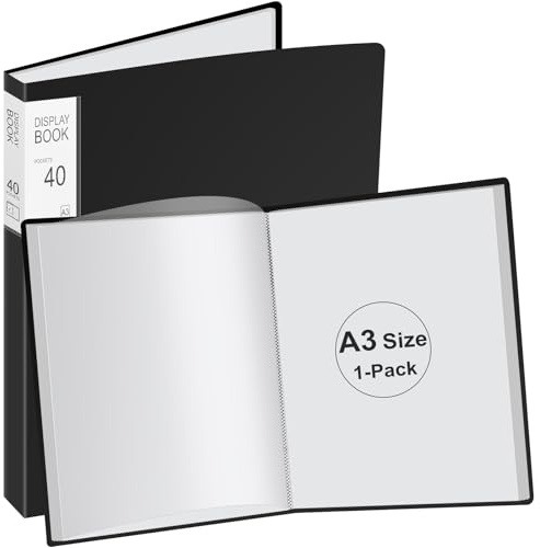 JTOOYS Porte-vues A3 à 40 pochettes en plastique transparent, classeur avec pochettes en plastique A3, livre de rangement pour peinture et œuvres d'art, noir (43,5 x 31,5 x 2,8 cm)