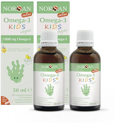 NORSAN Omega 3 ALGA Öl vegan 2er Pack (2x50ml) - hochdosiertes Omega 3 vegan für Kinder 1.000mg pro Portion -Algenöl reich an DHA - Tagesdosis 2 ml ab 35 kg