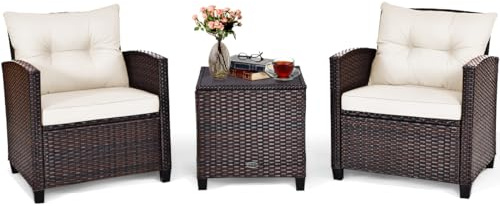 KOMFOTTEU Mobili da balcone, set di mobili da giardino in rattan con tavolino da caffè e 2 sedie, tavolo da balcone con piano in vetro, set di mobili da giardino con cuscino, set da 3 pezzi per