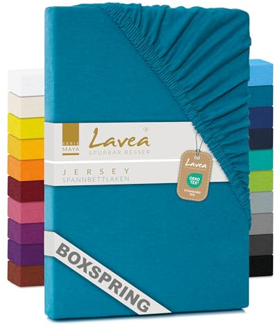 Lavea Jersey Spannbettlaken 200x220cm - 40cm Steg für Boxspringbetten - Aquamarin, Weich & Atmungsaktiv - Premium Qualität, Pflegeleicht, Perfekte Passform - Ideal für Boxspringbetten