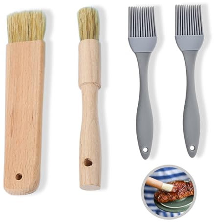4 Pcs Pastry Brush, Wooden BBQ Basting Brush Silicone Bristle Cooking Brushes Heat Resistant Baking Tools for Cakes Meat Desserts (Flat Handle and Round Handle)