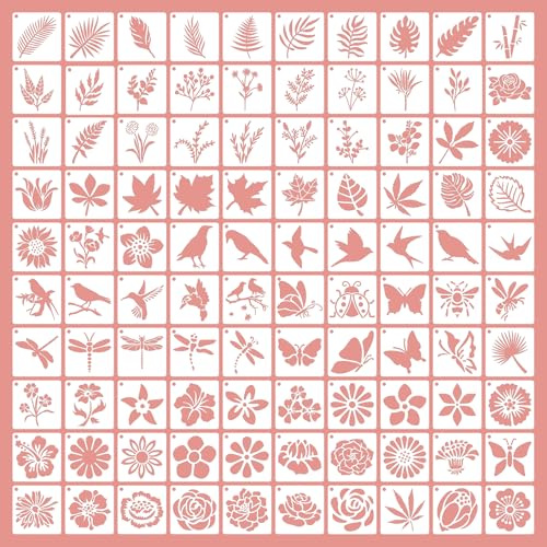 WYYFXY® 100 Stück Stencil Schablonen Malen 5×5cm Blumen Blätter Gras Vögel Insekten Malschablonen Klein Wiederverwendbar Zeichenschablonen für DIY Geschenkkarten Scrapbooking