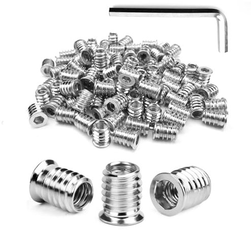 HERKINDNESS 100 Piezas Tuercas para Madera, M6 X 15 mm Insertos Roscados, M6 Insertos de Rosca de Acero Galvanizado, Construcción con Rosca Interna y Externa,para Uso en Todo Tipo de Tablas de Madera