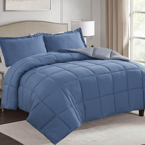 HIG 3 Pieces Dusty Blue Coverless Duvet King - 240 x 220cm - Cassette Box Construction - Corner Duvet Tabs - Reversible 10.5 Tog Comforter with 2 Shams - 100% Downalt Alternative & Breathable Bedding