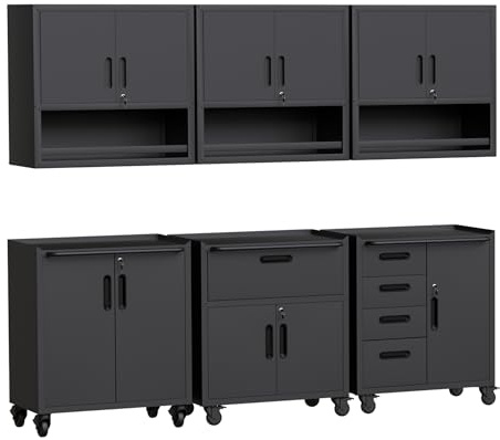 FLIXELIO Black Garage Storage Cabinets System 6 PCS Workshop Set with Drawers Locking Heavy Duty Rolling Cart with Adjustable Shelves Garage Tool Workbench Cabinets