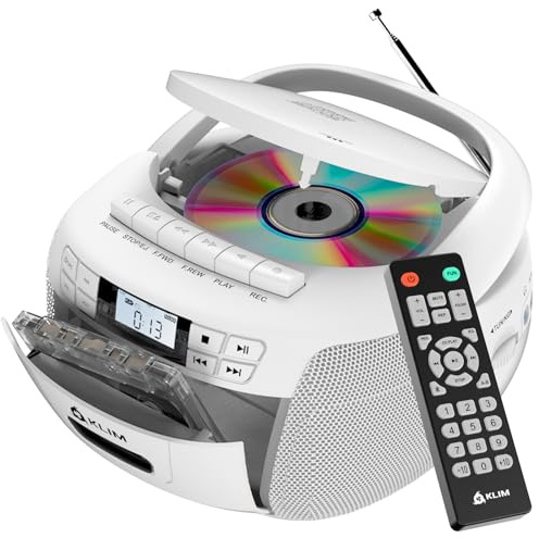 KLIM CD Player - Reproductor Cassette, Am/FM Radio CD y Bluetooth, Control Remoto, Radio Cassette con CD-R y Grabación en Cinta, USB, AUX, Reproductor CD-R con Sonido Estéreo - Blanco