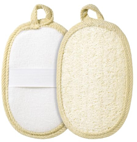 Lufa esfoliante naturale in luffa per il corpo, spugna da bagno in luffa con manico, per donne e uomini, scrub per il corpo e il viso, 2 pezzi