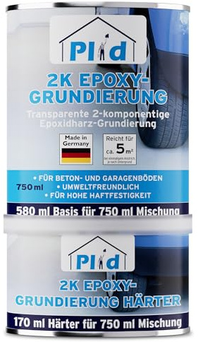 Plid® 2K Epoxy-Haftvermittler 750 ml [Basis + Härter] Transparente 2K-Epoxidharz-Grundierung für Beton- und Garagenböden – Perfekt als Epoxidharz Primer & Bodenbeschichtung, Werkstatt, Keller, Estrich