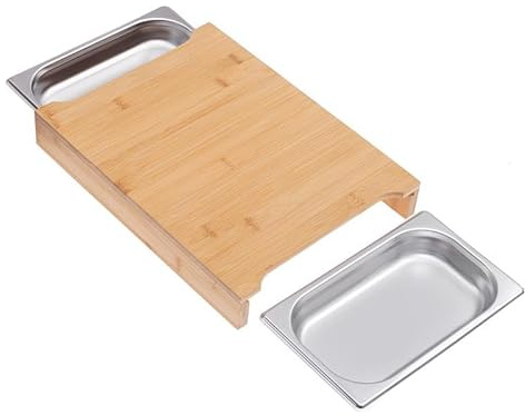 Bambus Schneidebrett 38×28,5×5,6 cm mit 2 GN 1/4 Behältern – Tranchierbrett aus Bambus, hygienisch & langlebig, mit herausnehmbaren Edelstahl-Auffangschalen zum sauberen Schneiden & Sammeln