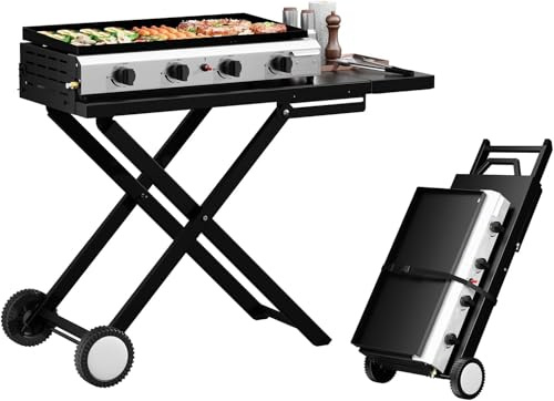 Outopee 4 Burner Foldable Propane Gas Barbecue Grill, Portable Gas BBQ with Side Table, Grease Tray, Wheels, Electronic Ignition & Regulator for Garden Party Camping Picnic Outdoor Cooking