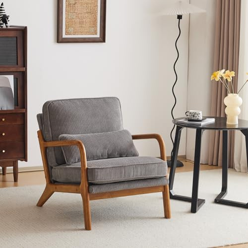 Bonnlo Fauteuil de Salon en Velours Côtelé, Chaise d'Appoint Relaxation avec Cadre en Bois, Siège Confortable pour Salon, Chambre, Terrasse, 65 x 80 x 78 cm (Gris Clair)