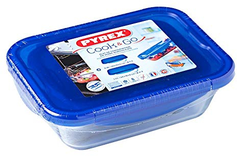 Pyrex Cook&Go - Set de 2 recipientes rectangulares, 80/170 cl, Transparente + Tapa, Color Azul